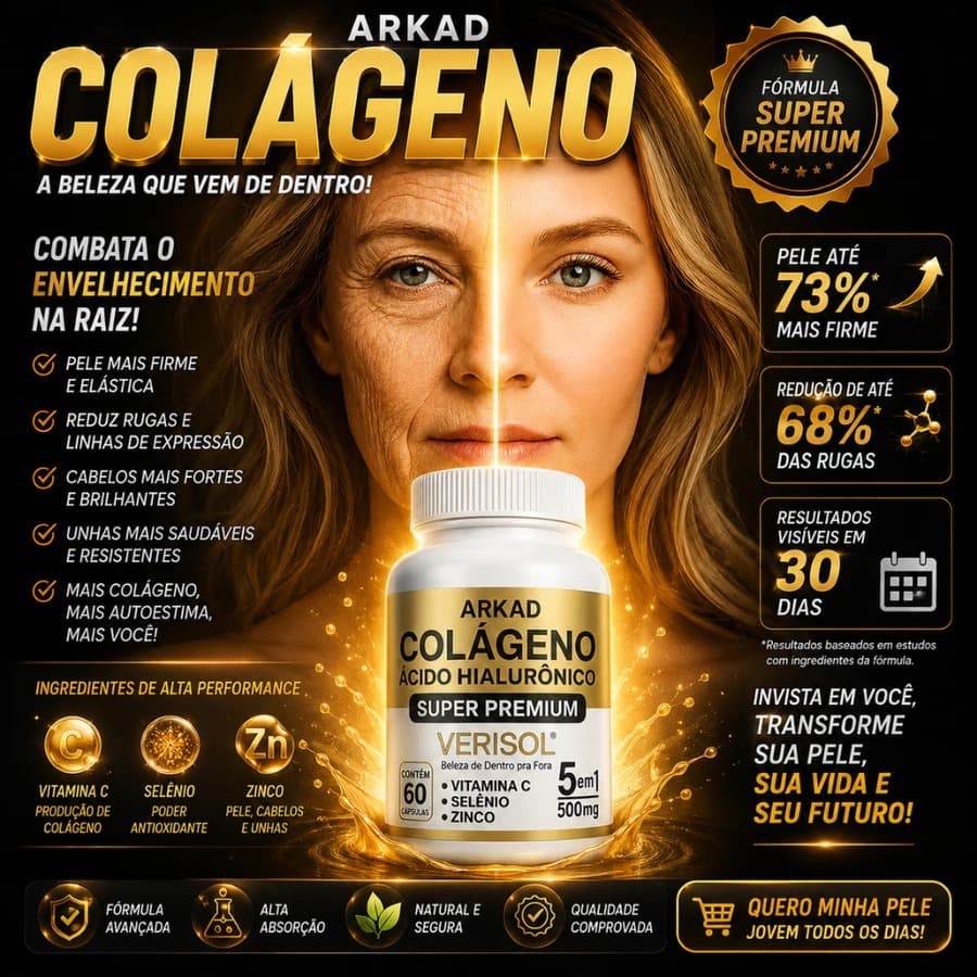 1 Colágeno Hidrolisado Verisol com Vitamina C - 60 Cápsulas - Original Arkad Suplementos - Envio Imediato