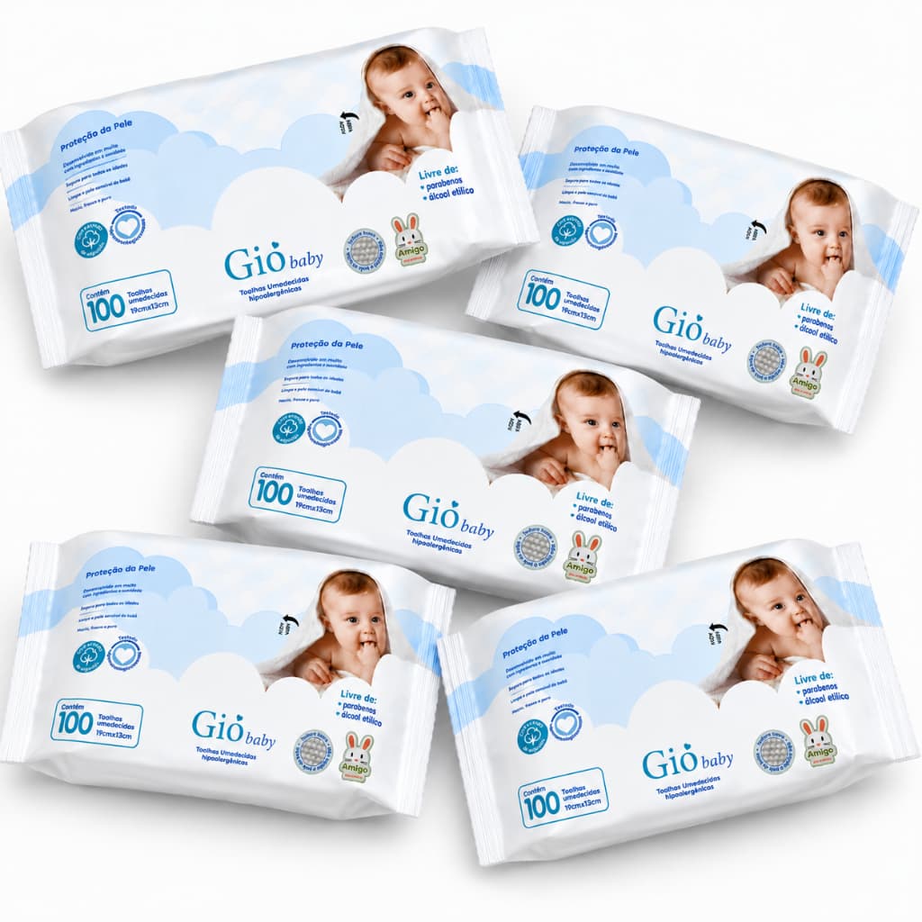 Kit 5 Lenços Umedecido 100 Folhas - Hipoalergênicas Bebê - Gió Baby