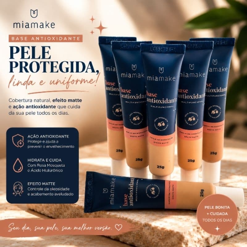Base Mia Make Liquida Antioxidante e Rosa Mosqueta  Efeito Matte Alta Cobetura