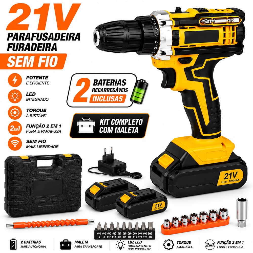 Parafusadeira Furadeira Sem Fio 21V 2 Baterias Maleta Kit Completo Acessórios Profissional LED Torque Ajustável