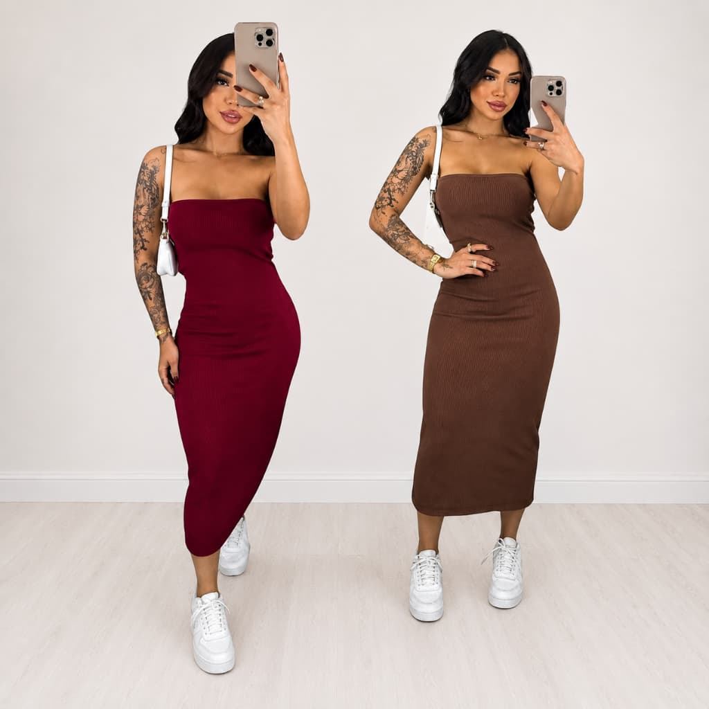 Kit 2 Vestido Feminino Midi Tomara Que Caia Canelado Elegância E Ousadia Unidas Em Uma Peça
