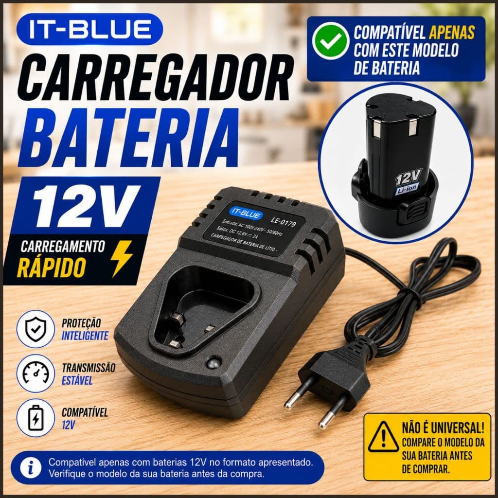 Carregador de Bateria 12V Bivolt para Parafusadeira Furadeira com LED