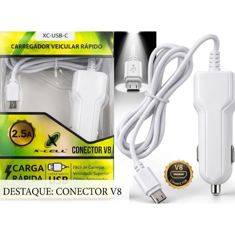 Carregador Veicular Carga Rápida Usb com cabo V8 2.5a na Cor Branco X-Cell