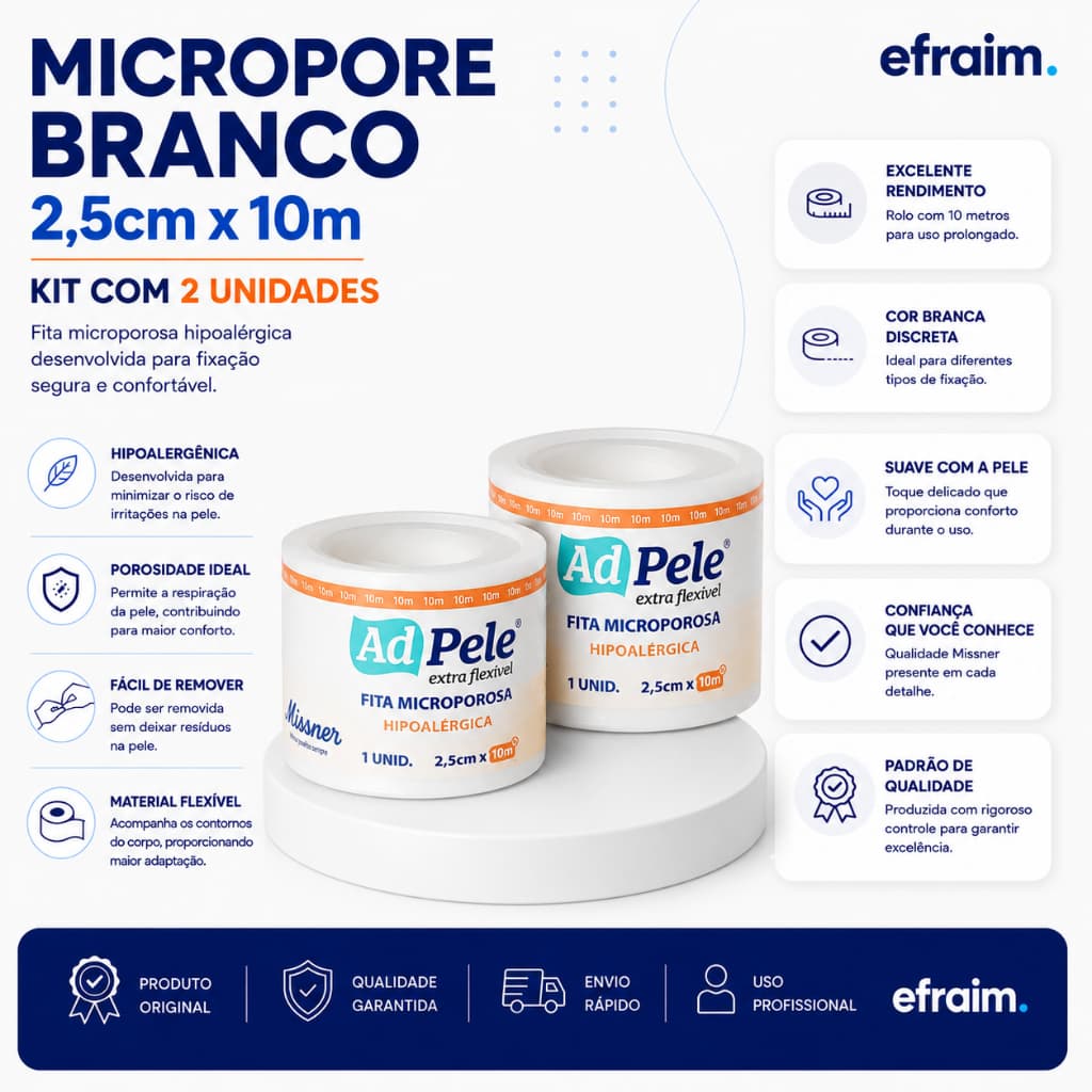Kit 2 Unid Fita Cirúrgica Micropore Hipoalérgica Branca 2,5cmx10m - Missner