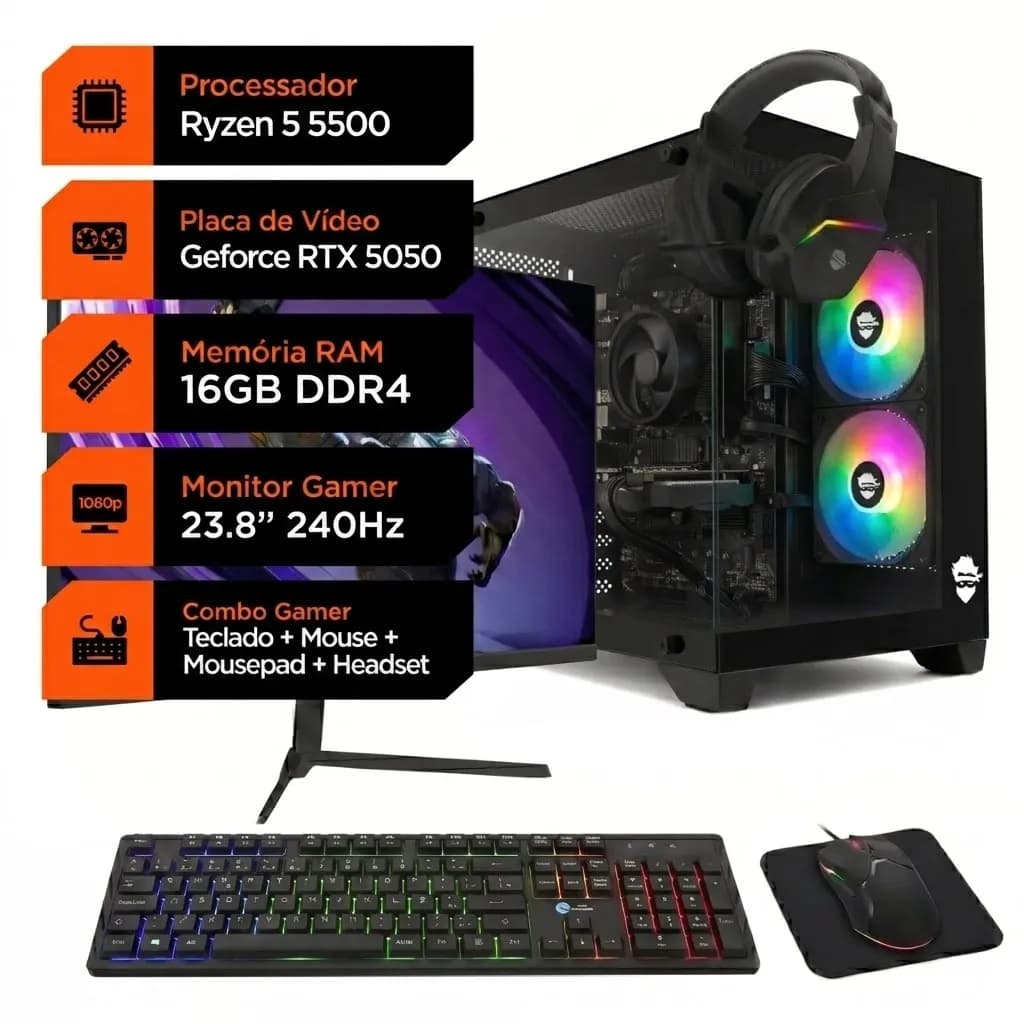 PC Gamer Soldier Ryzen 5 5500 RTX 5050 16GB SSD 480GB + Monitor 240Hz + Combo