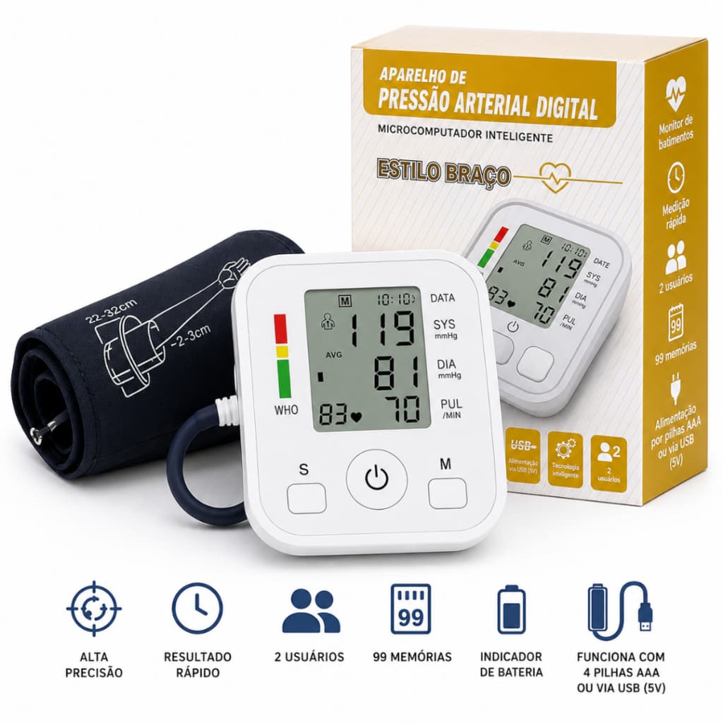 Medidor de Pressão Arterial Digital de Braço Automático com Voz Inteligente LCD Bolsinha