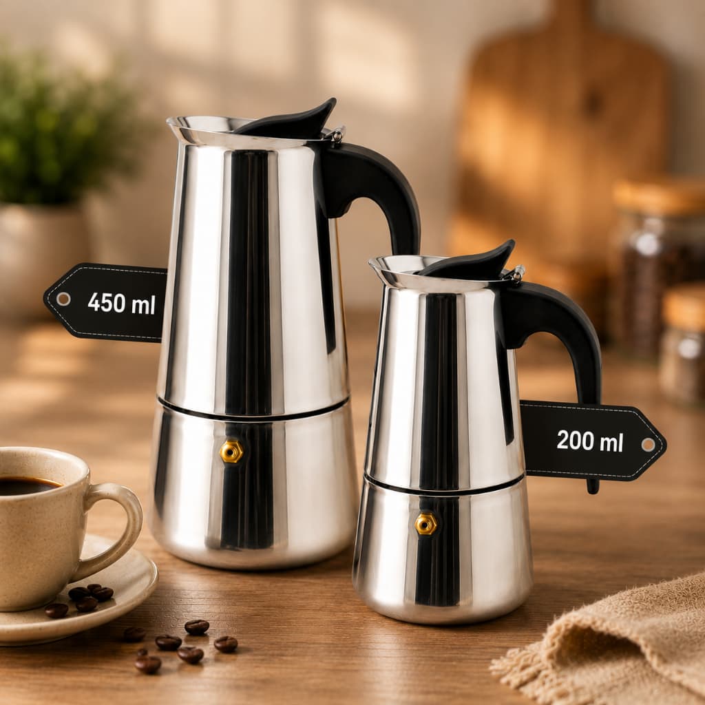 Kit Cafeteiras Italiana Inox Tipo Moka Para Café Expresso Com Cabo Antitérmico 9 Xícaras Premium