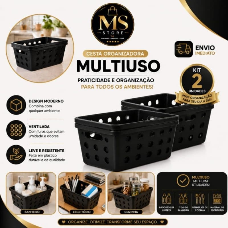 Kit 2 Cestos Organizadores Multiuso Plástico Preto | Organizador para Banheiro, Cozinha, Armário, Geladeira e Lavanderia