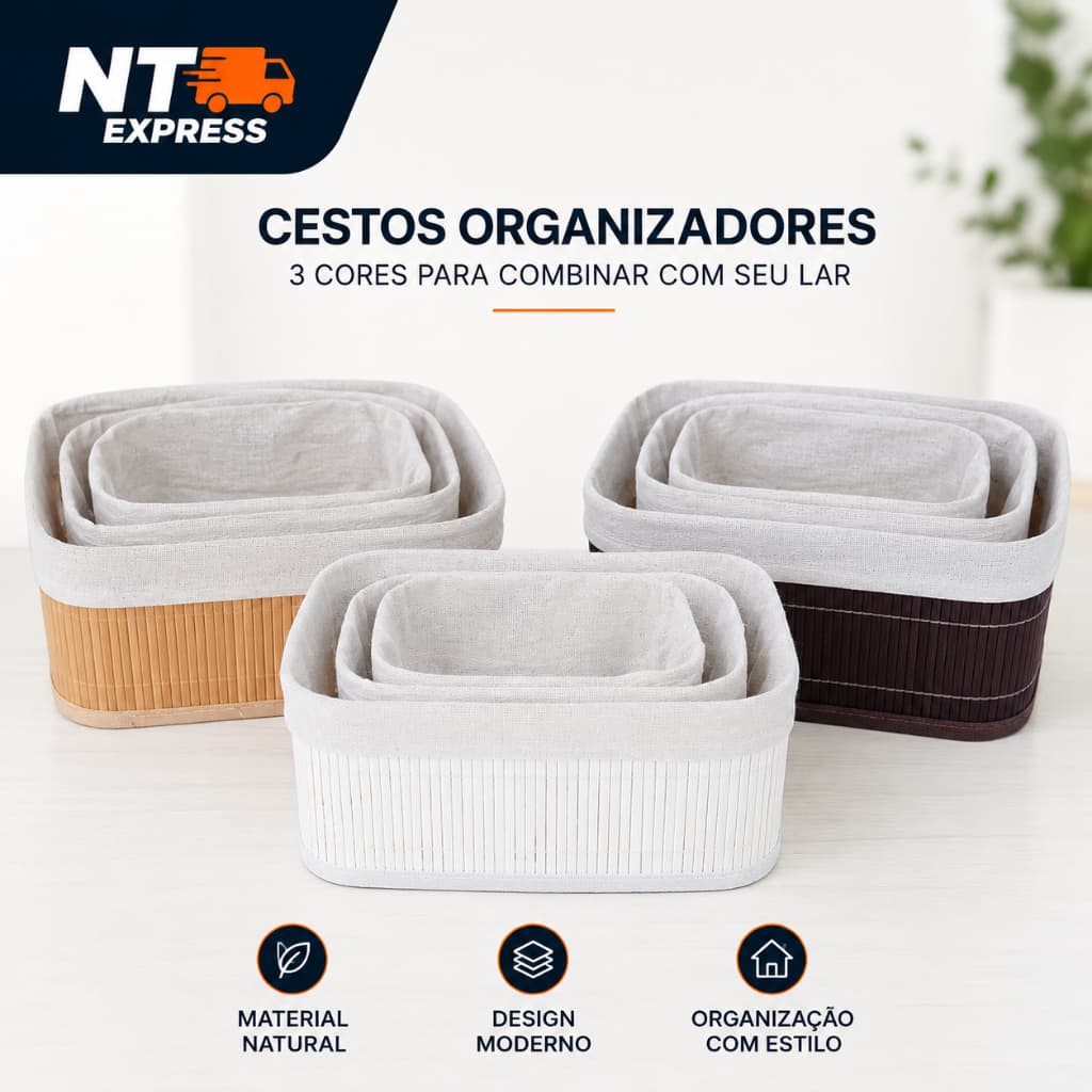 Kit Cestos Organizadores Bambu 3 Peças Organizador Banheiro Cozinha Quarto Decoração Multiuso