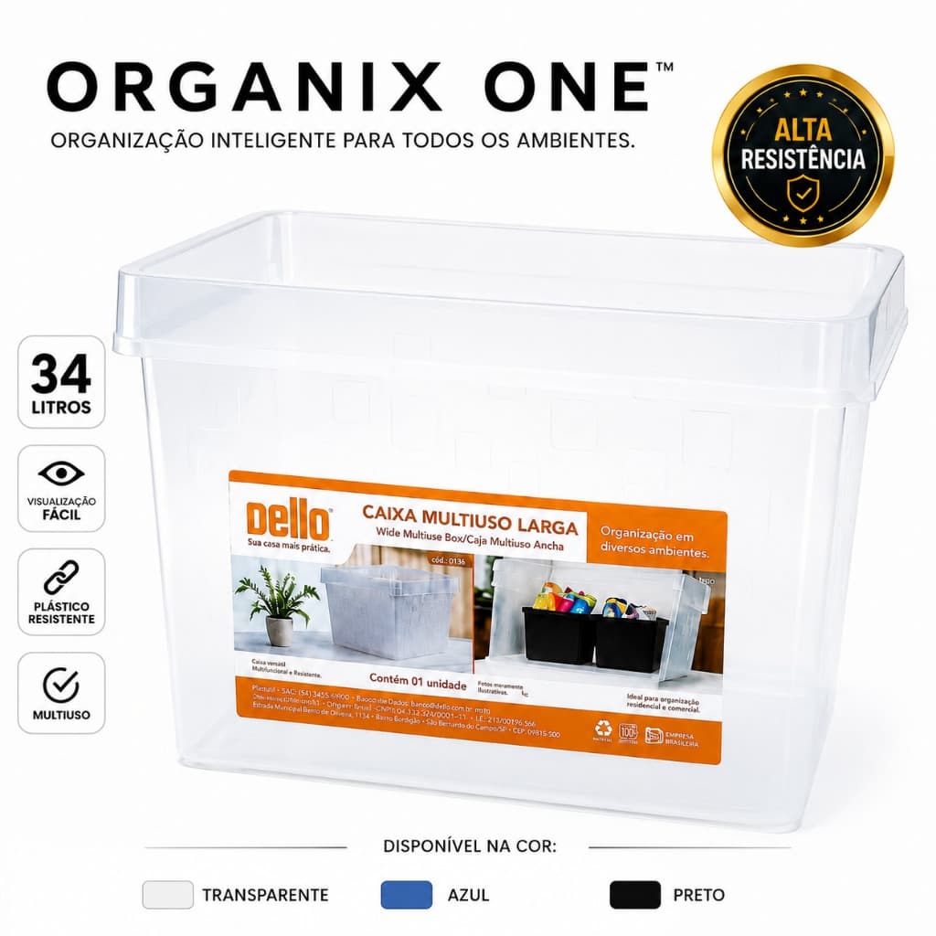 Caixa Organizadora Plástica 34 Litros Transparente Multiuso brinquedos Cozinha Lavanderia roupas