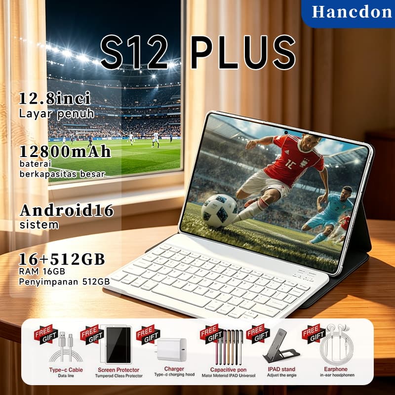 【Free Keyboard and mouse】Tablet PC Galaxy Tab S12 PLUS 12.8" HD ROM 16GB + 512GB 48MP + 24MP Android 16 12800mAh Battery
