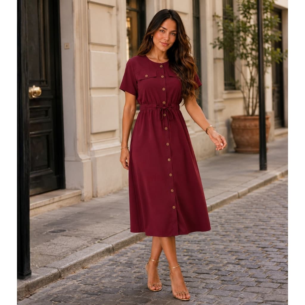 Vestido Midi Feminino Chemise Botões Moda Evangélica Manga Curta Cintura Ajustável Casual Elegante