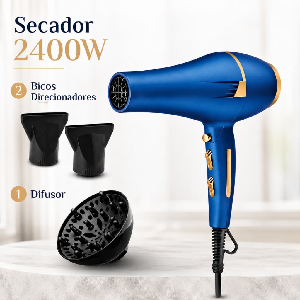 Secador De Cabelo Profissional com Difusor Cachos 2 Bicos Direcionador 2400w Potente Quente Frio Portatil Casa Salao