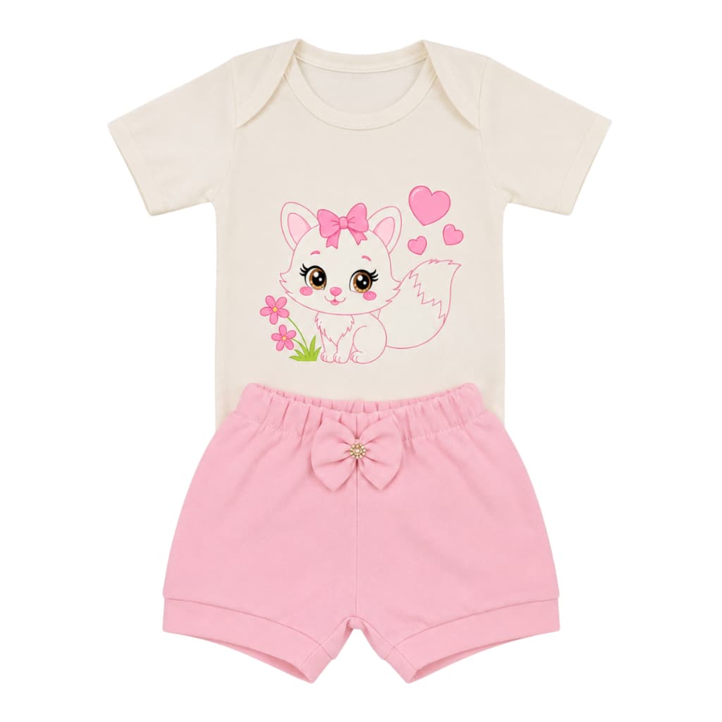 Roupa para Bebê Menina Conjunto Body e Shorts 02 Peças 100% Algodão Gatinha