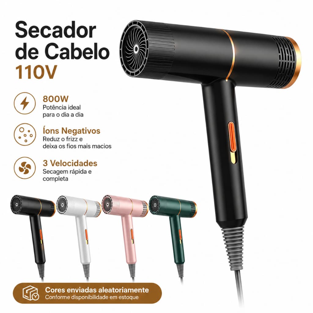 Secador de Cabelo Profissional 110V 800W Íons Negativos 3 Velocidades Compacto Antifrizz Portátil