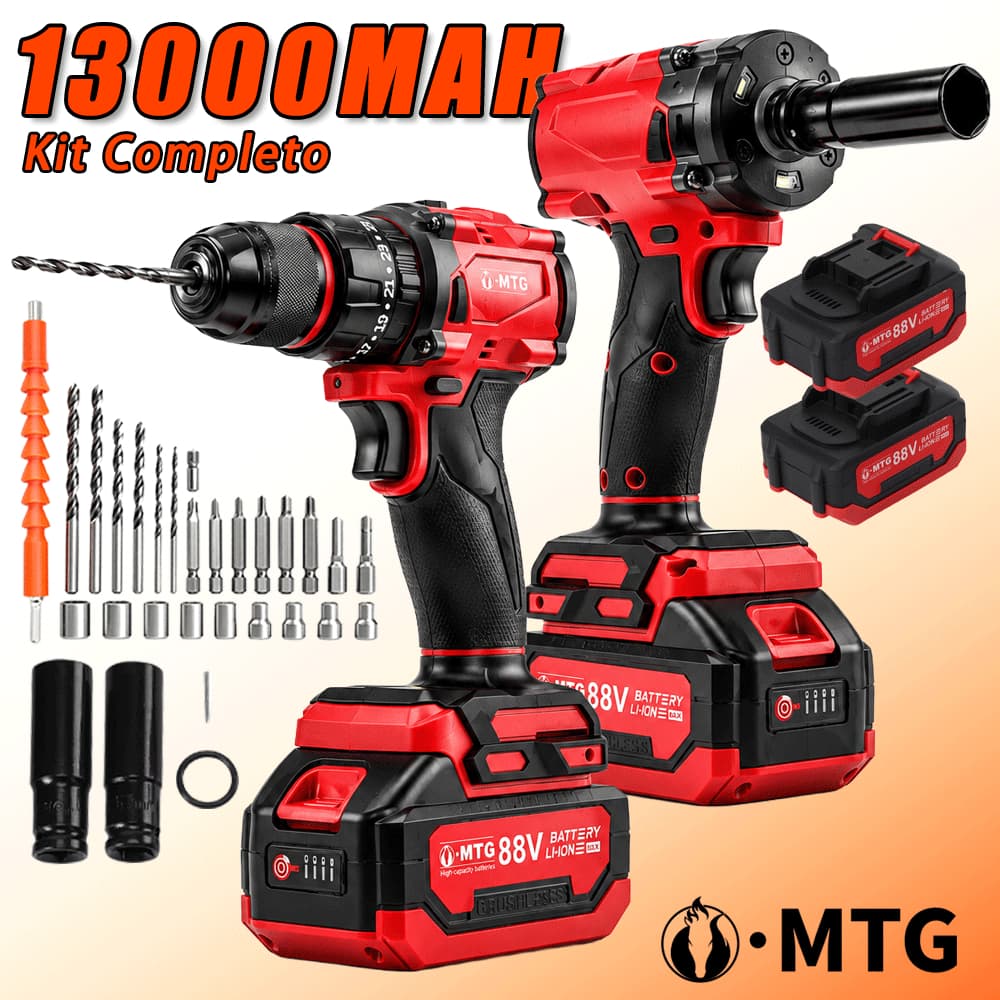 Kit MTG Furadeira Parafusadeira e Chave de Impacto 88V, 4 Baterias e Acessórios