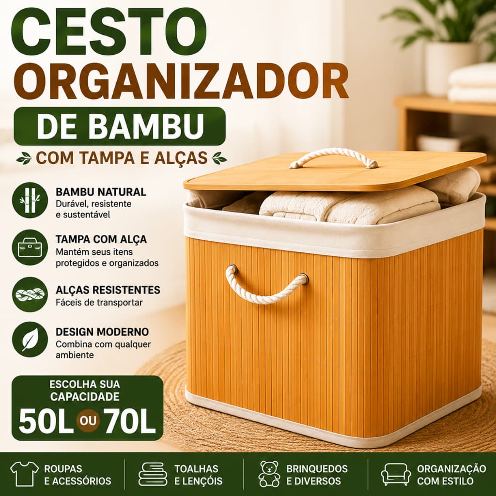 Cesto de Roupa Suja Bambu 50L ou 70L com Tampa Alças Organizador Lavanderia Banheiro