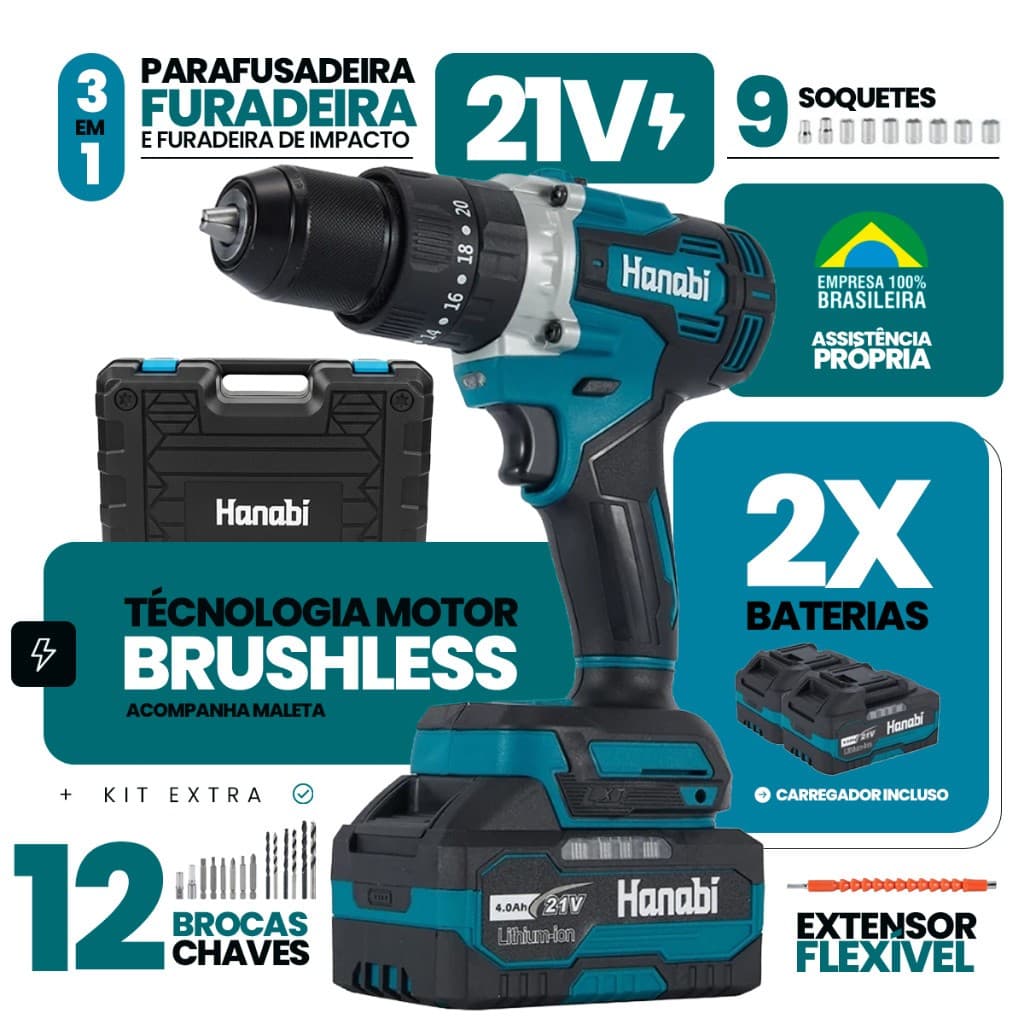 【Hanabi】Parafusadeira Furadeira Impacto Brushless 4ah 21v 13mm 80nm Azul-petróleo 21v