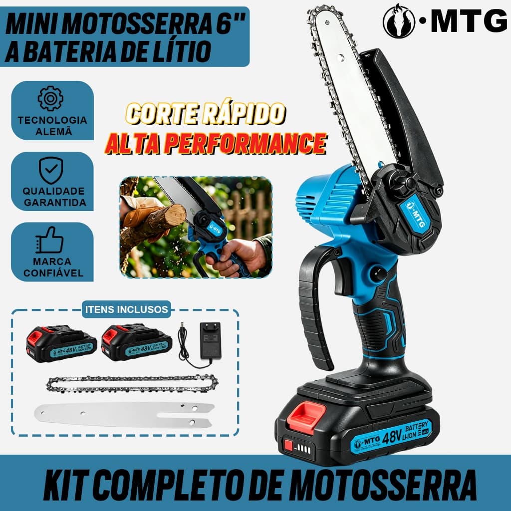 Motosserra Elétrica 48V Bivolt Sem Fio Kit Completo c/ 2 Baterias para Jardim e Podas Profissionais