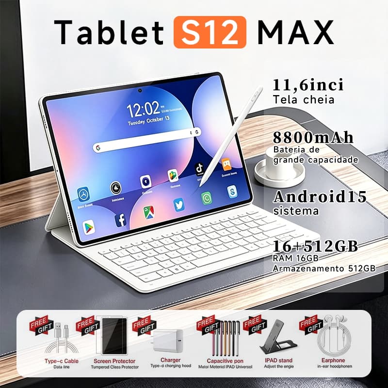 Tablet S12 MAX 11,6" Full HD Android 15 | 16GB RAM + 512GB ROM | MTK6799 | 8800mAh | Wi-Fi 6 + 5G | GPS + Bluetooth 5.4|