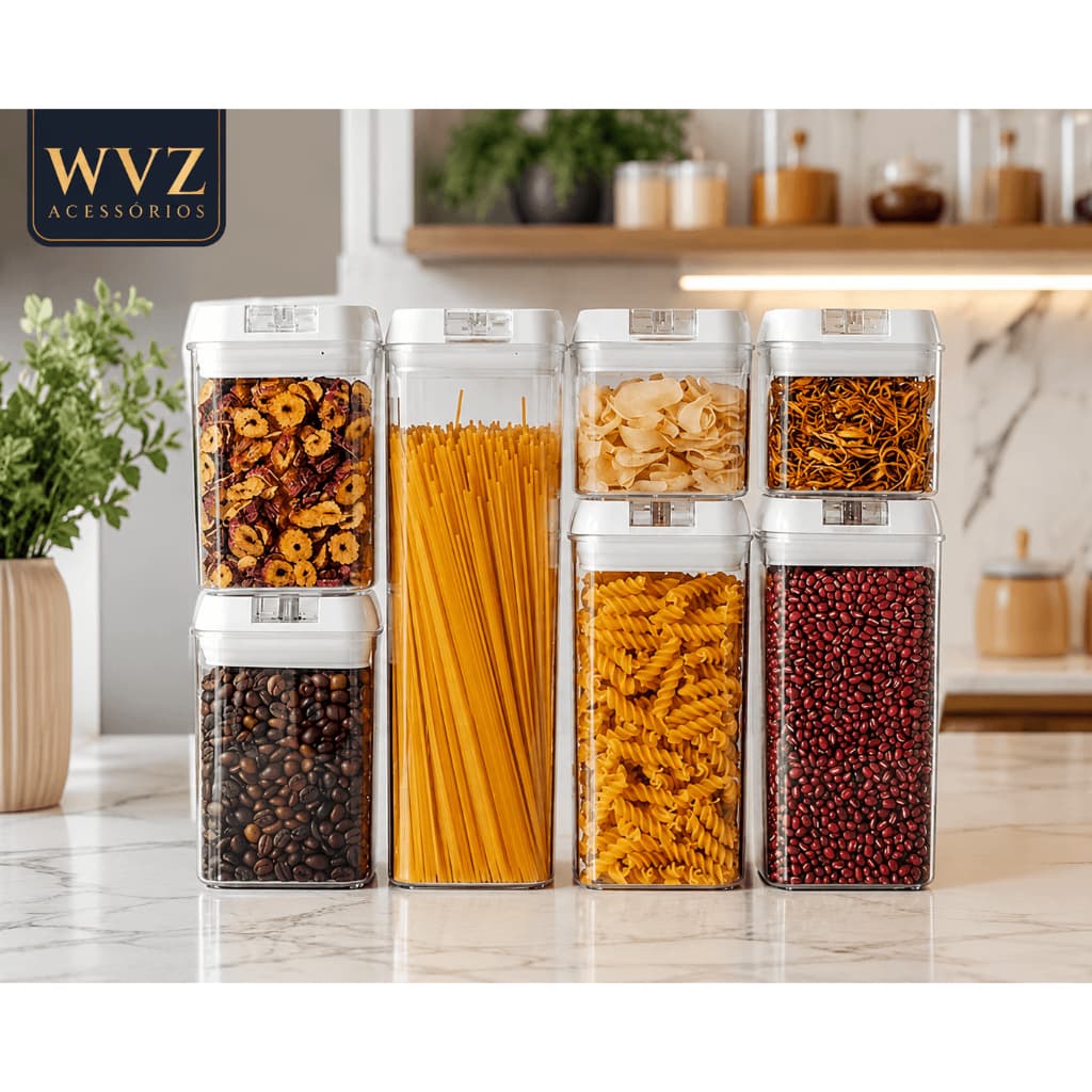 Kit 7 Potes Herméticos Acrílico Organizador Mantimentos Cozinha Multiuso com Tampa 🏡✨