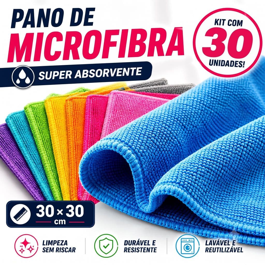 Kit 30 Panos de Microfibra 30x30 Multiuso Alta Absorção Limpeza Casa Carro