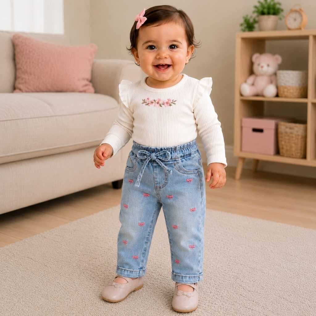 CALÇA JEANS PREMIUM INFANTIL DE BEBÊ MENINA COM LAÇOS BORDADOS P-M-G E 01 AO 03 COM MUITO CONFORTO