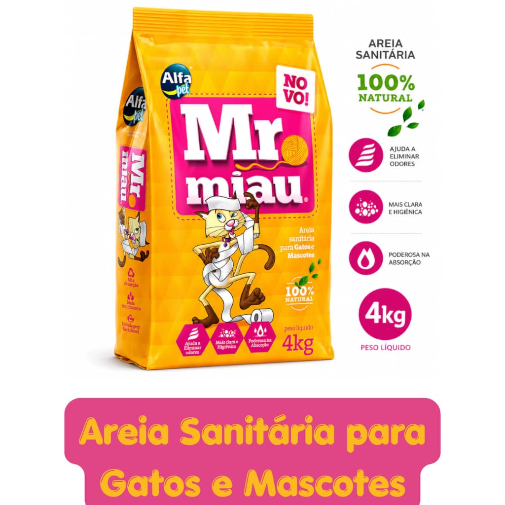 Areia Sanitária Higiênica para Gatos Mr MIAU  4 Kg 100% Natural Alta Absorção Envio Rápido Praticidade Kits disponíveis