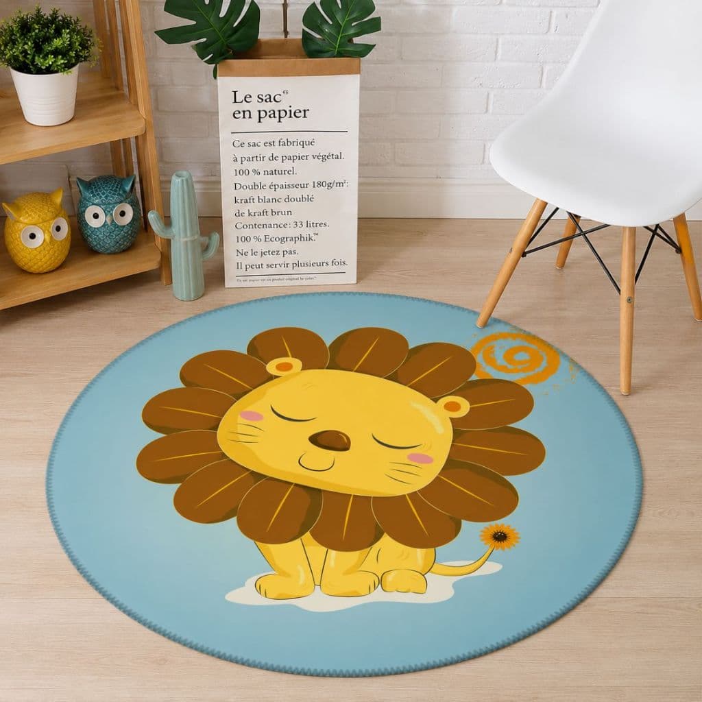 Tapete Redondo Decorativo Leão 88x88 Antiderrapante Para Sala, Quarto e Escritório Colorido