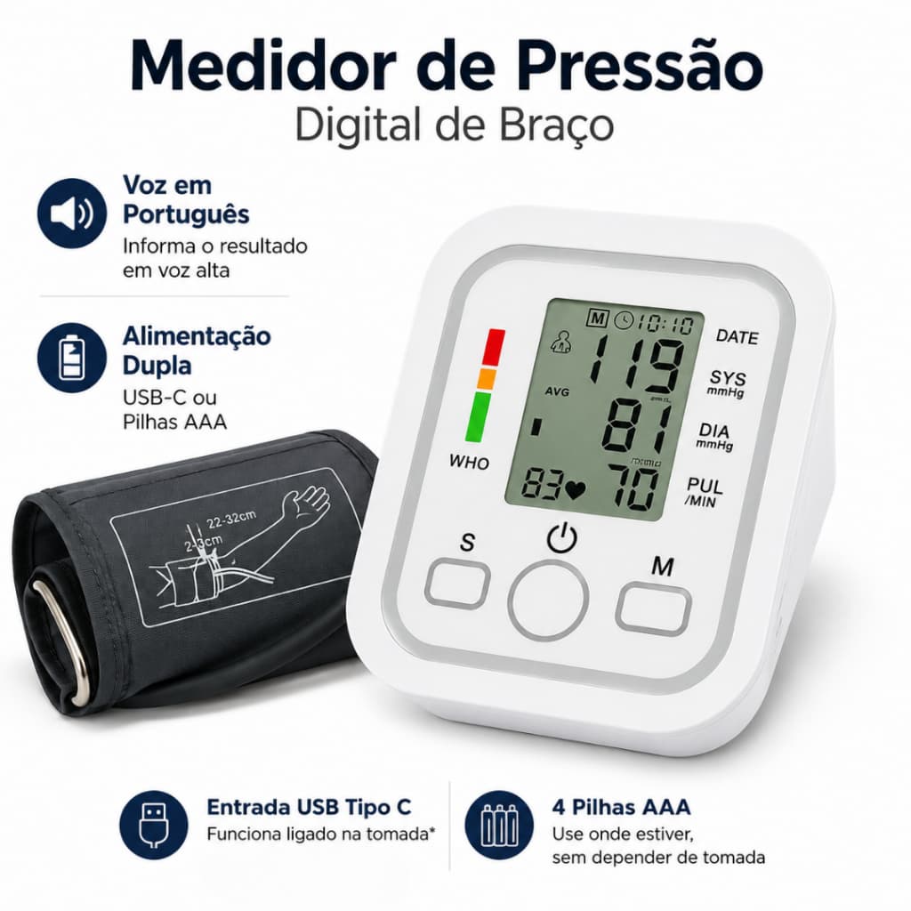 Aparelho Medidor de Pressão Arterial Aferidor Monitor Digital Uso Doméstico Automático Residencial Pressão De Braço Braç
