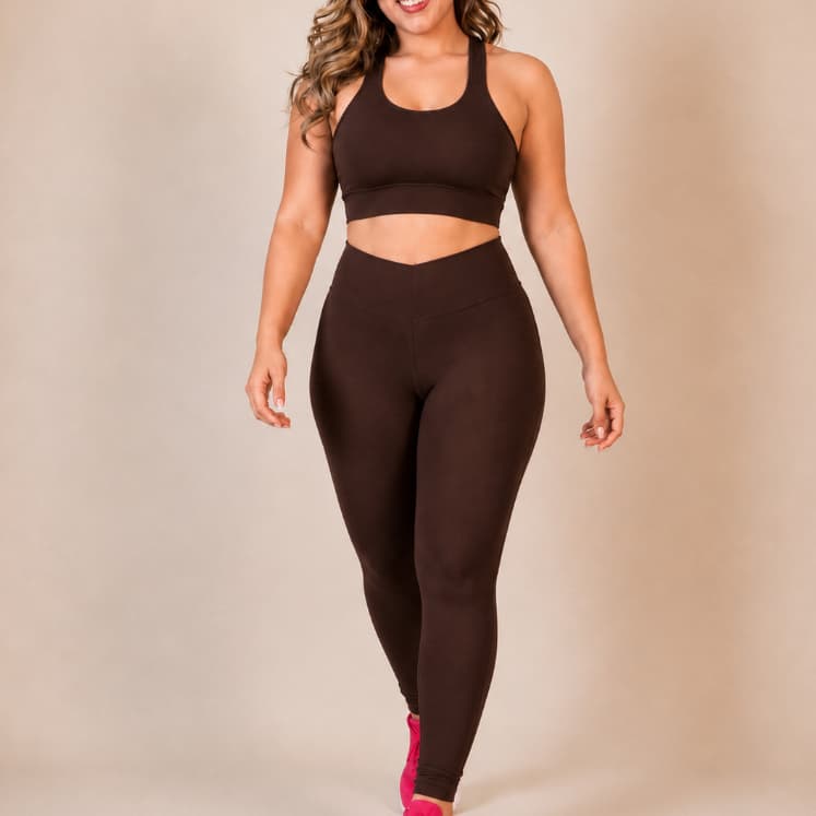 Conjunto de Academia Feminino Cintura Alta Zero Transparência Roupa Fitness Feminina Marrom
