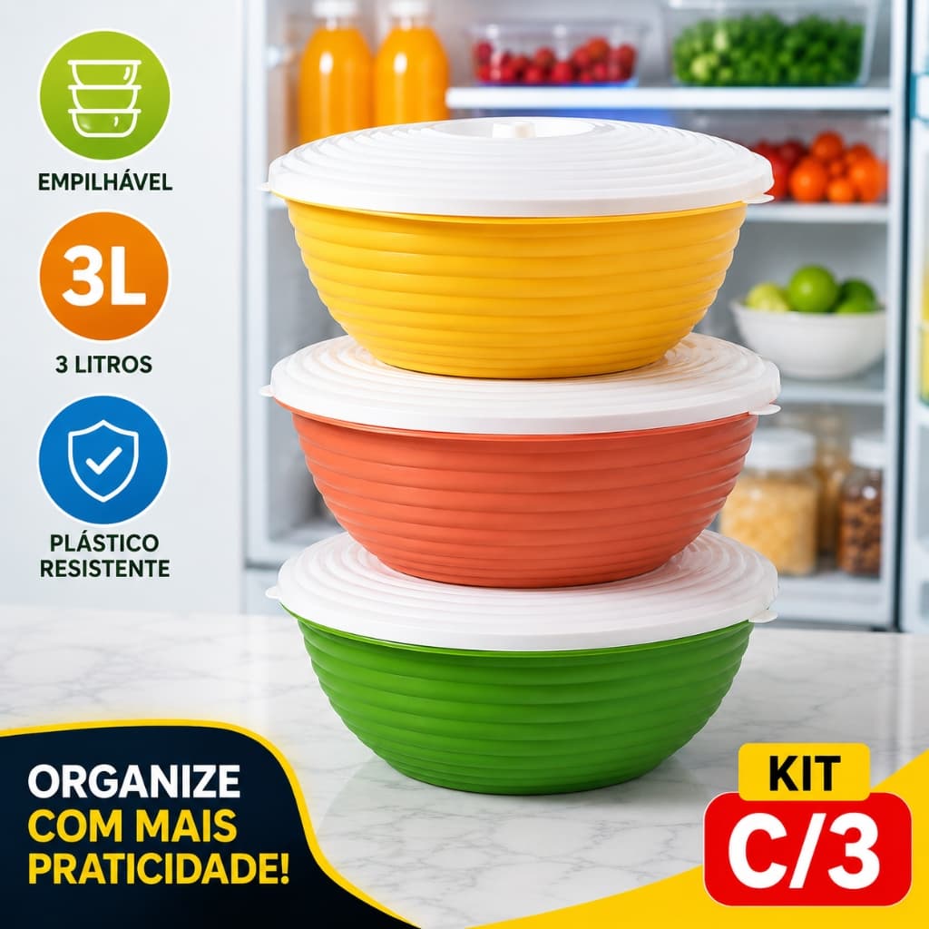 Kit 3 Potes de Plástico Organizador Geladeira 3L Com Tampa Vedante Multiuso Cozinha e Freezer