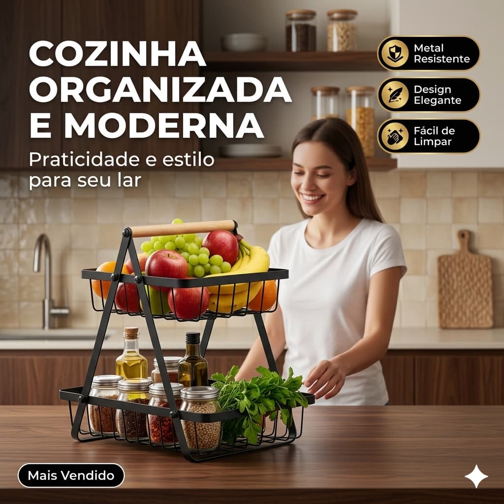 Fruteira De Mesa 2 Andares Metal Organizador Multiuso Cozinha Banheiro Cesto Aramado Com Alça De Madeira Design Moderno