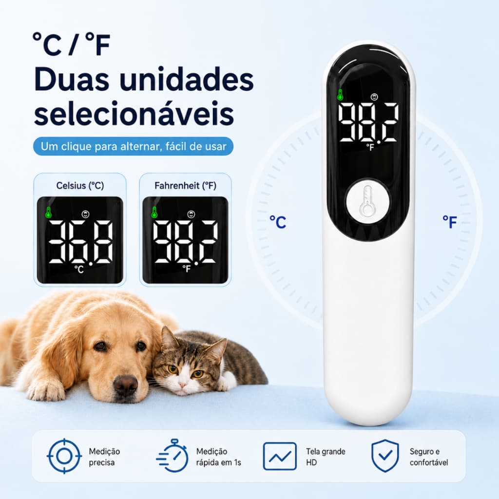 Monitor de Temperatura de Orelha para Cães e Gatos Termômetro Digital para Animais de Estimação Pets, Recarregável USB-C