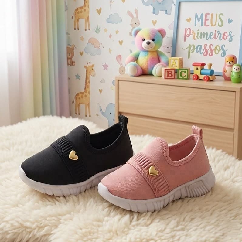 Tênis Calce Fácil KIT 2 Calçados Infantil Nude e Preto Com Elástico e Pingente Coração Lindo Confortável