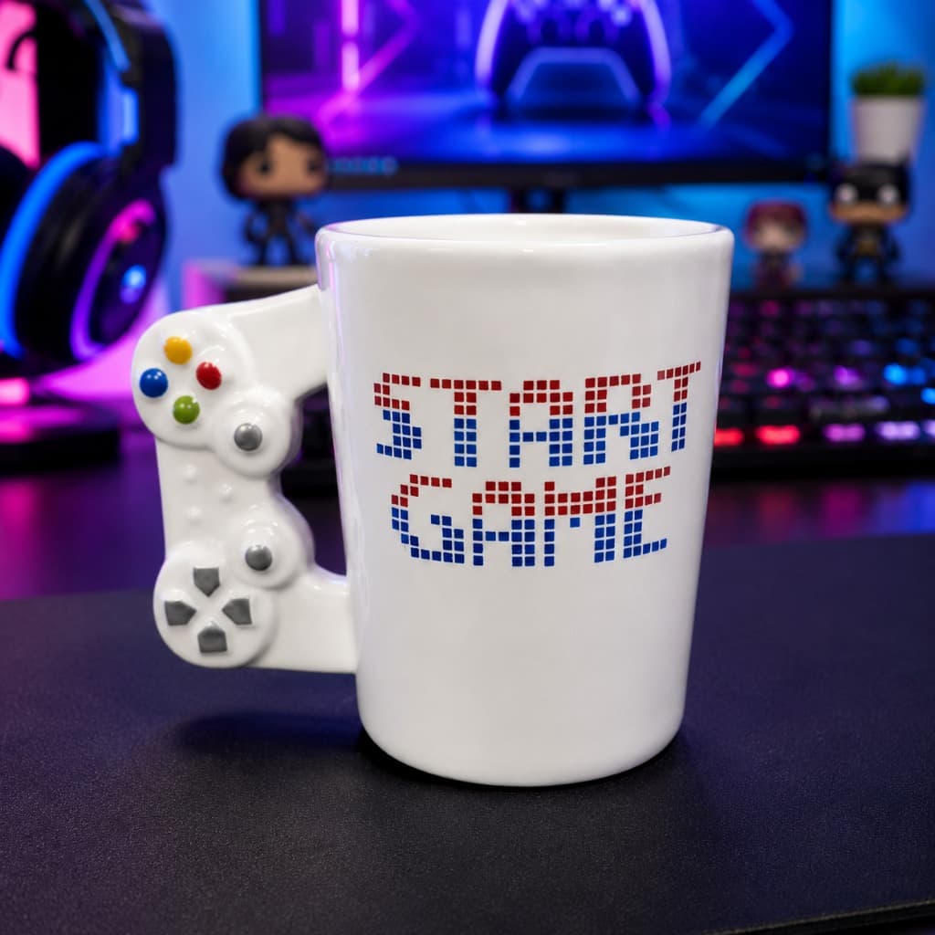 Caneca Gamer 3D Start Game 400ml Cerâmica Alça Controle Video Game Geek Presente