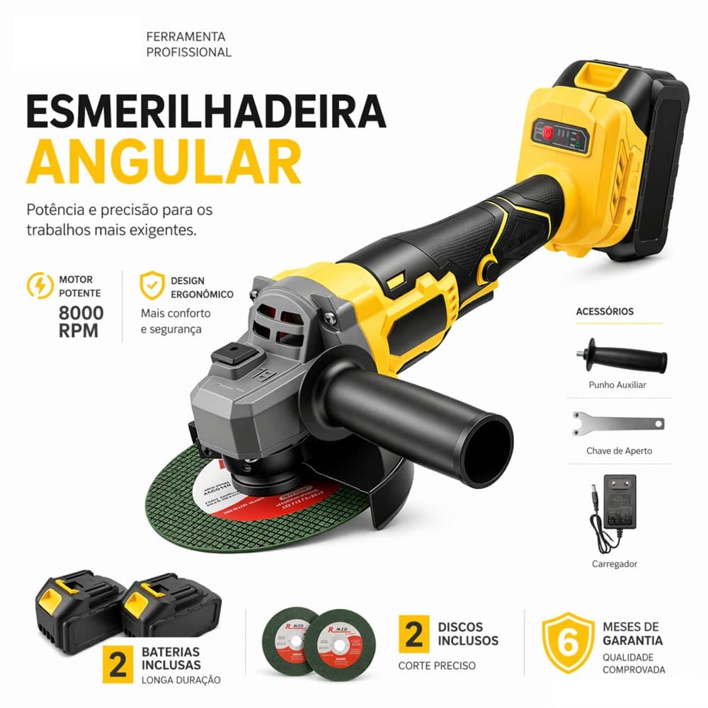 Esmerilhadeira Angular Sem Fio 48V 2 Baterias 800W Lixadeira Elétrica Profissional Corte Metal + 2 Discos