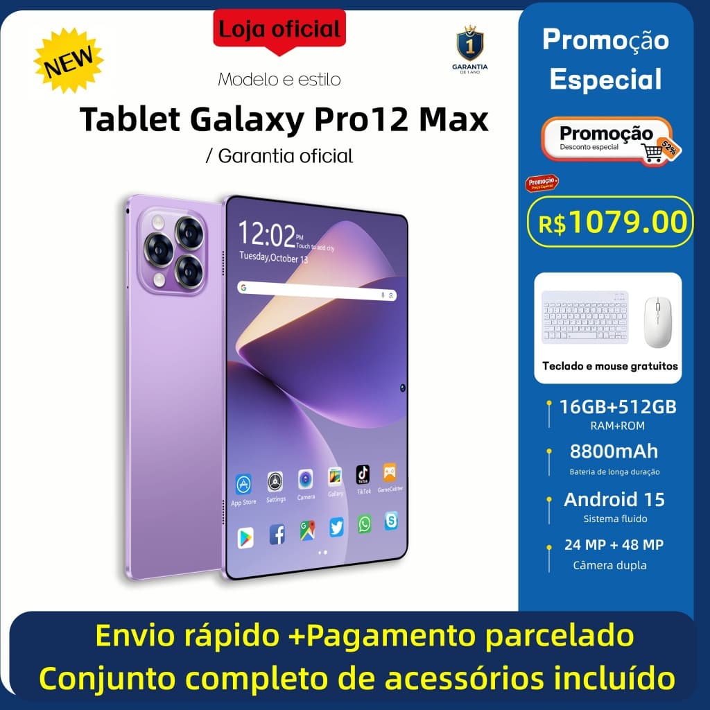[Teclado e mouse grátis] Tablet Pro12 Max 11,6 polegadas, 16 GB + 512 GB, Android, bateria de 8.800 mAh, com garantia