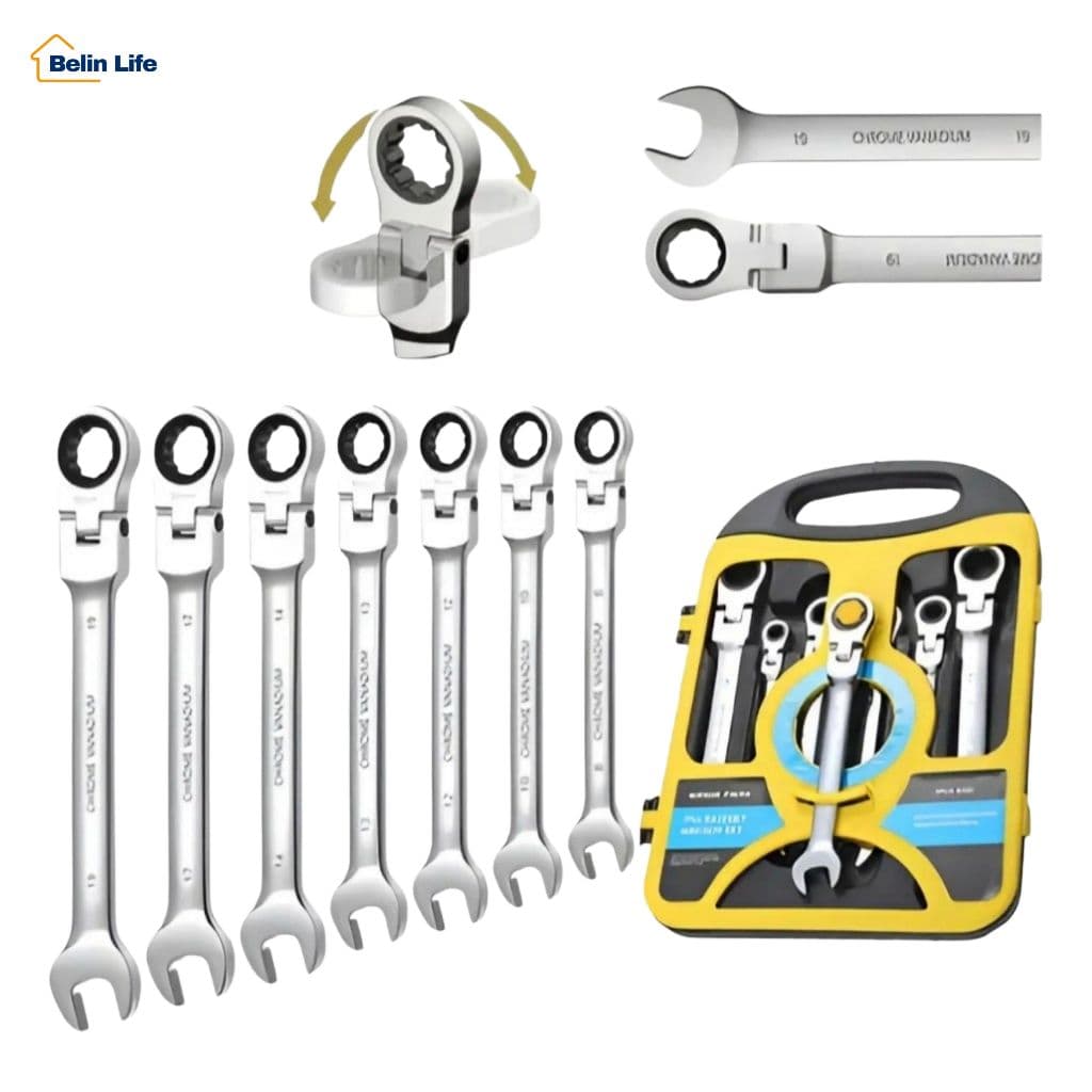 Kit Jogo Chave Combinada Com Catraca Articulada 7 Peças Aço Cromado Estojo Organizador