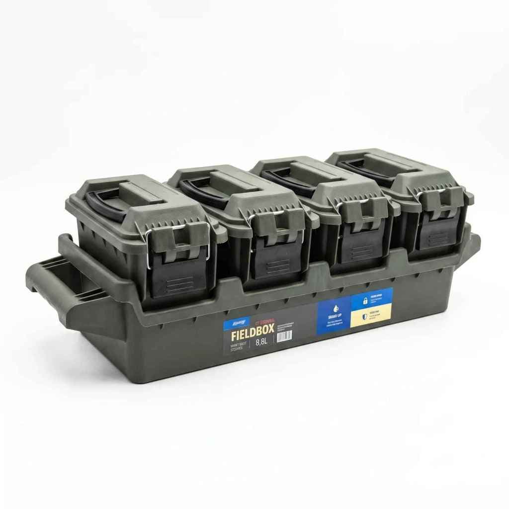04 Caixa Ferramenta Organizadora 8,8L Essencial Modular Multiuso Tampa Munição Pesca Tiro Esportivo