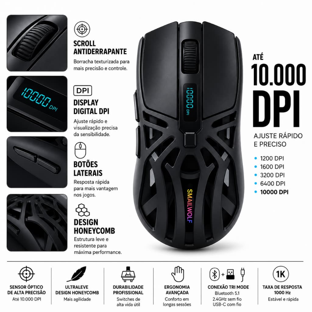 Mouse Gamer SMAILWOLF RS8 Sem Fio Bluetooth 2.4GHz USB 3 Modos PAW3311 RGB Recarregável Ultralight 1000Hz