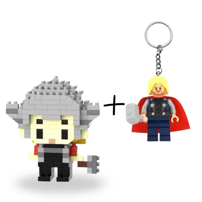 Kit com 1 Mini Bloco de Montar Thor Marvel + 1 Chaveiro Lego Minifigura Herói Kit Completo Exclusivo