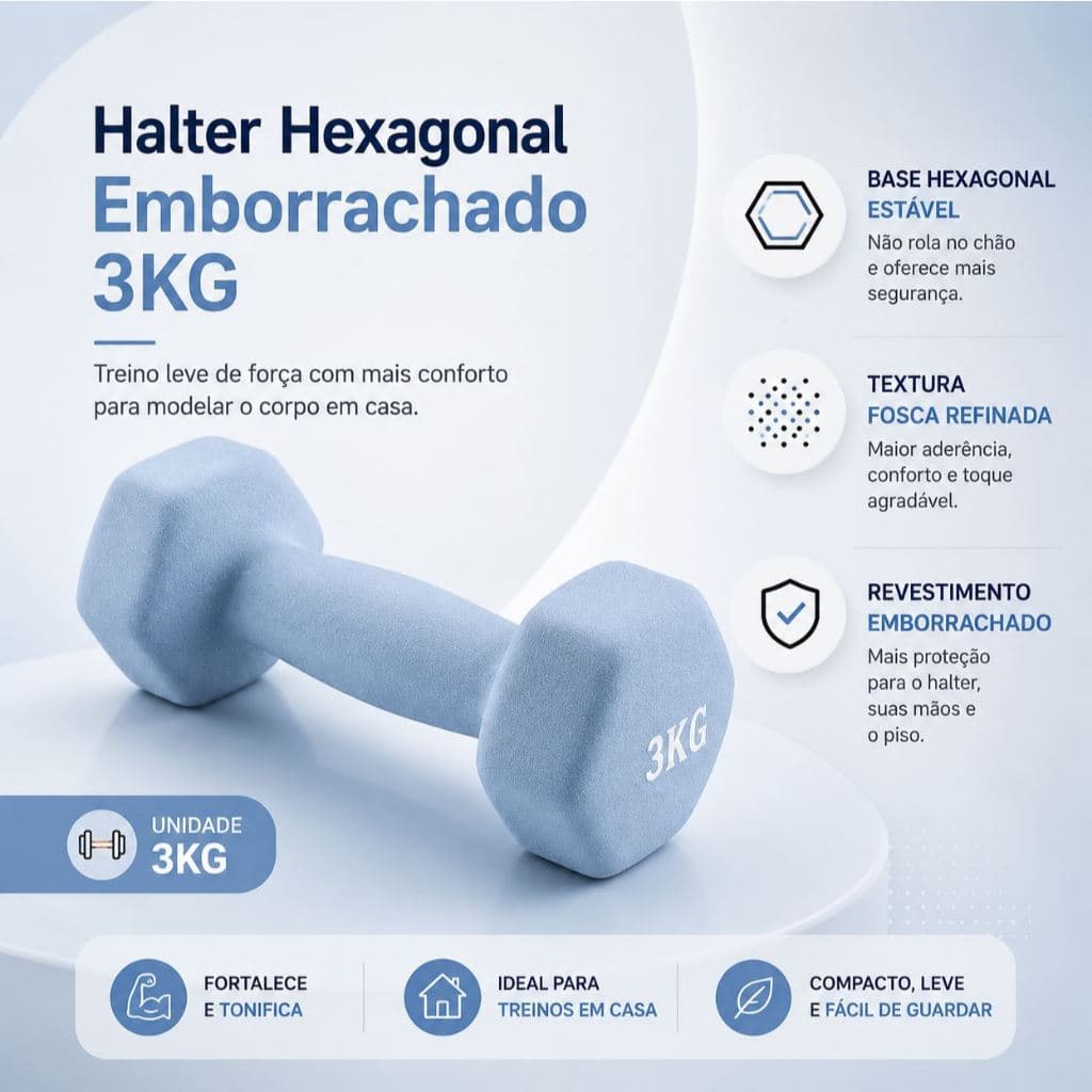 HALTER de 3KG Emborrachado Antiderrapante Cor Azul - Para Treinos em Casa, Ar livre e Academia
