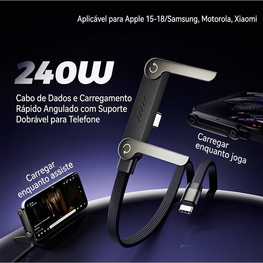 Cabo USB-C 240W Carregamento Rápido com Suporte Dobrável Angulado para Celular iPhone Samsung Xiaomi