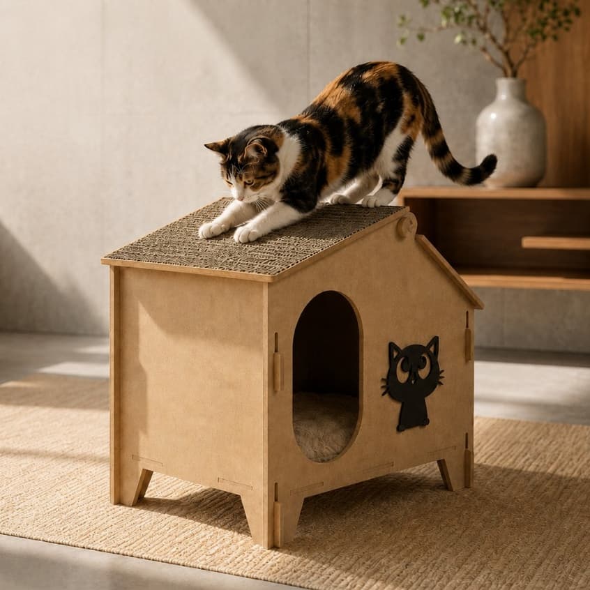 Casinha Para Gatos Com Arranhador em MDF Toca Pet Aconchegante