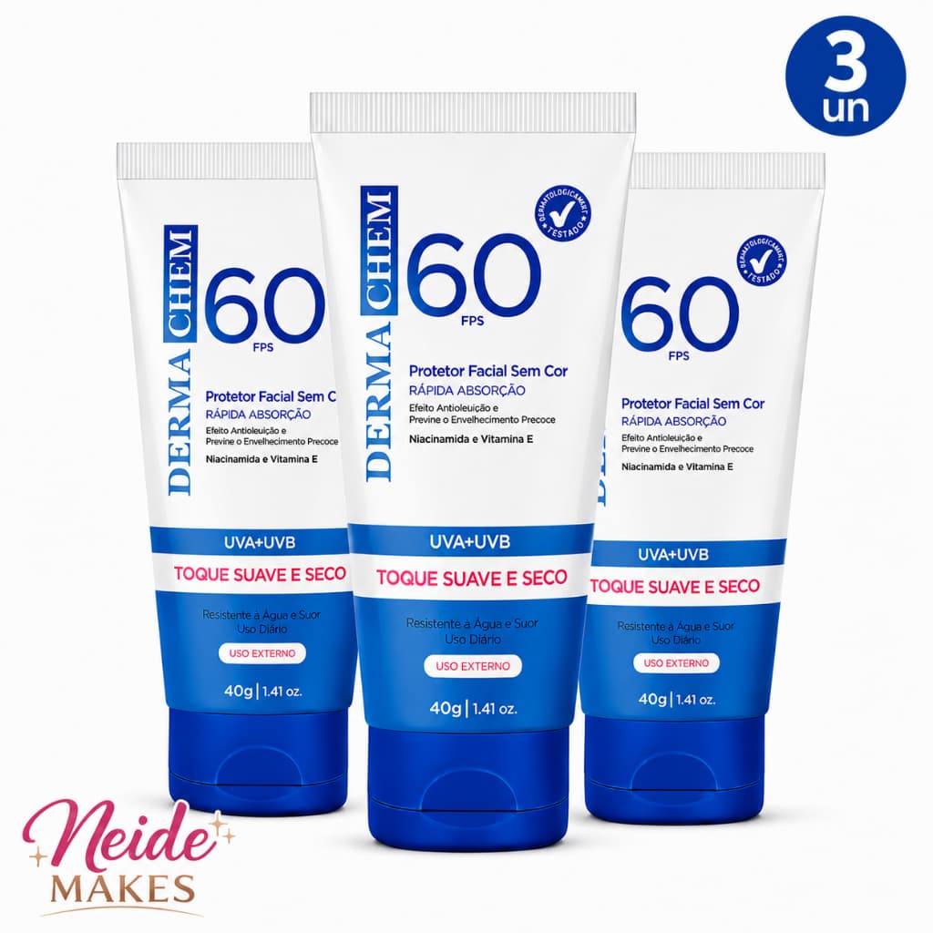 Kit 3 Protetor Solar Rosto FPS 60 Dermachem Validade 2028 Sem Cor Toque Seco 40g