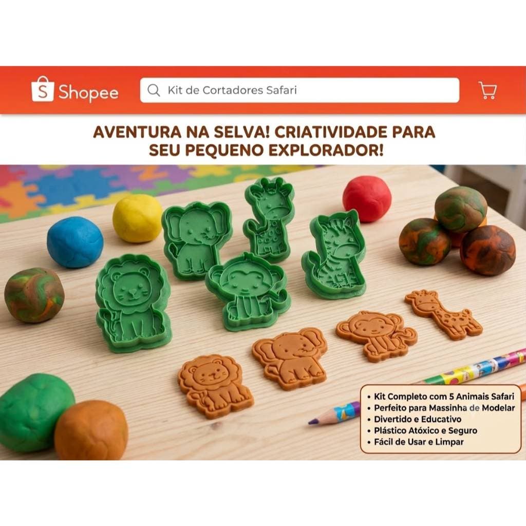 Kit Cortadores Safari para Massinha | 5 Animais da Selva | Brinquedo Educativo Infantil | Modelar Massinha e Biscuit