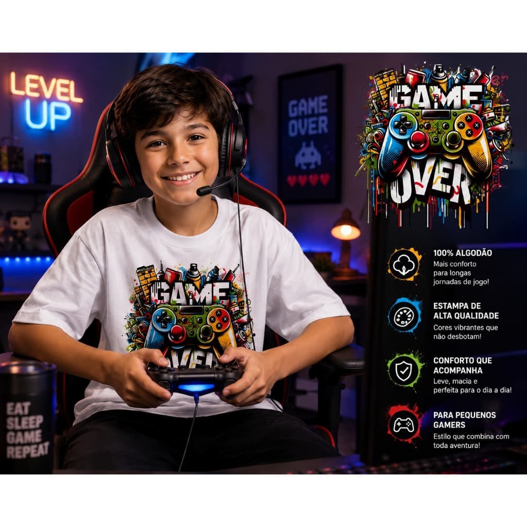 Camiseta Infantil Gamer Game Over Controle Videogame Estampada Manga Curta