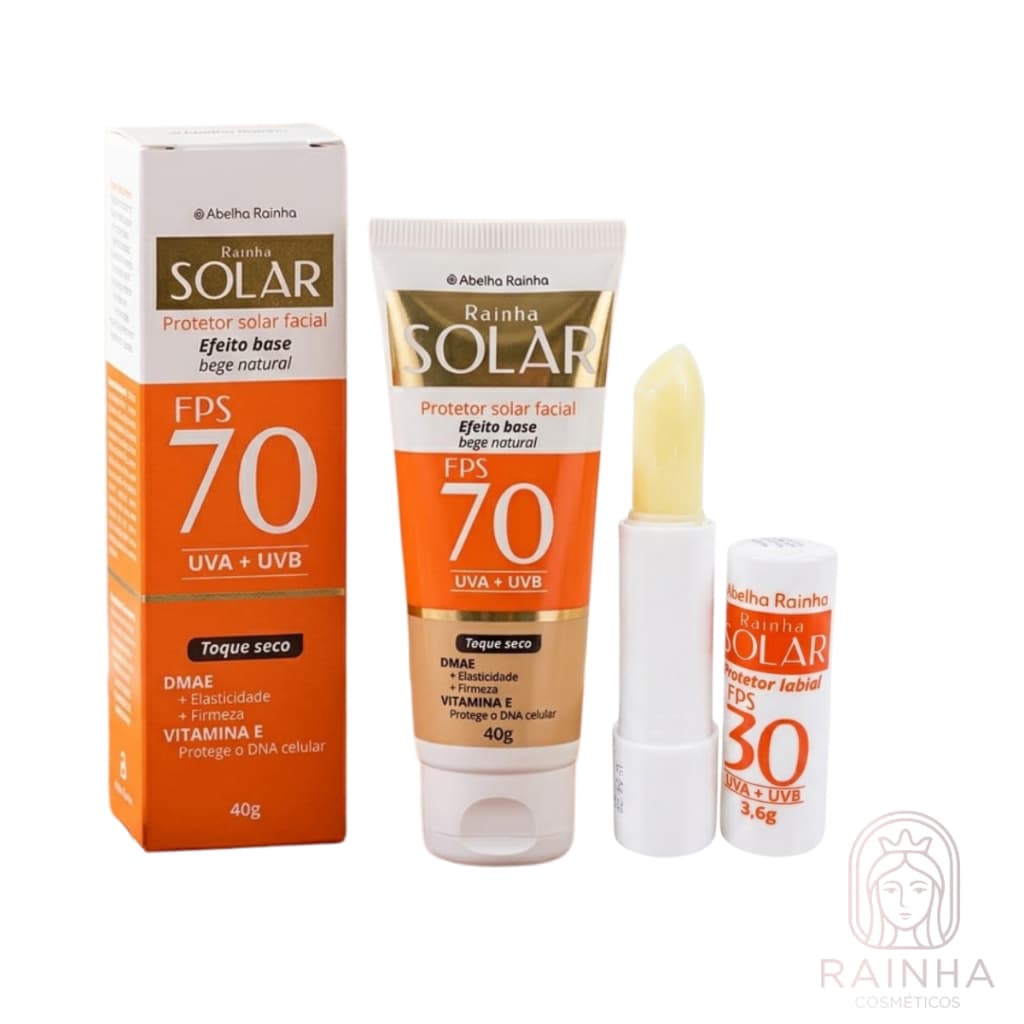 Kit Proteção Facial Protetor Solar Facial FPS 70 Bege Médio + Protetor Labial FPS 30 Abelha Rainha