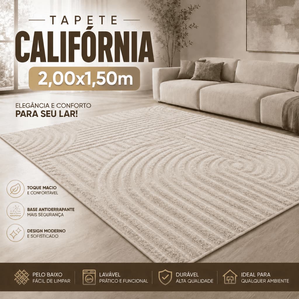 Tapete Sala 2,00x1,50m Alto Relevo Moderno Premium Macio Antiderrapante Quarto California Bege